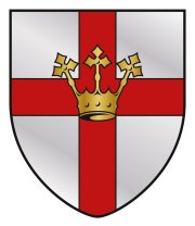 Stadtwappen Stadt Koblenz. Ein rotes Kreuz auf weißem Hintergrund mit einer goldenen, dreizackigen Krone in der Mitte.